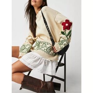 Free People Profound Floral Knit Paisley Distressed Sweater Ivory Size XS Y2K